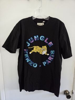 Kenzo Black Tee with Yellow Tiger and Multicolor 'Jungle Kenzo - Paris' Logo